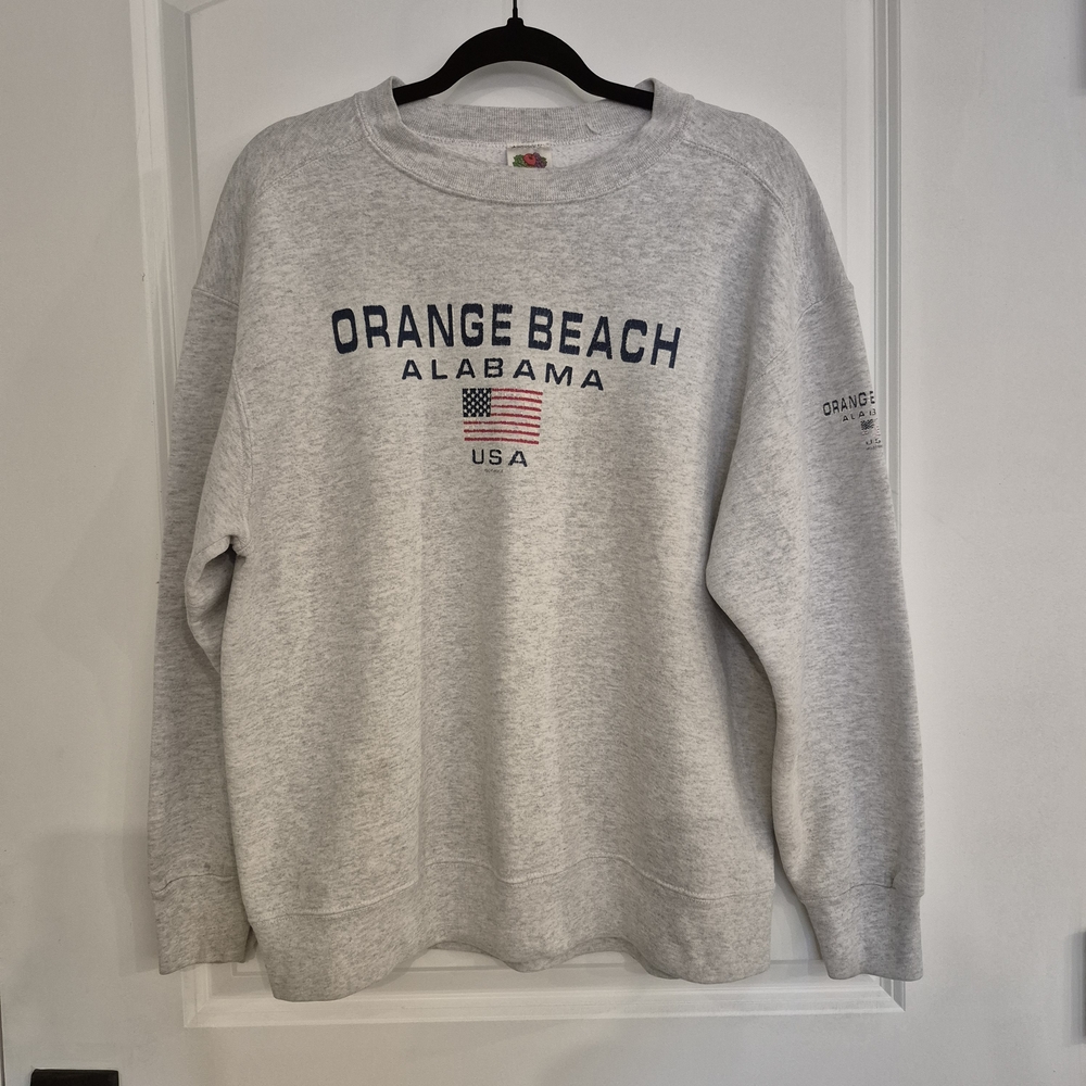 Vtg L Fruit of the Loom Light Gray Crewneck Sweat Shirt America Flag  Alabama